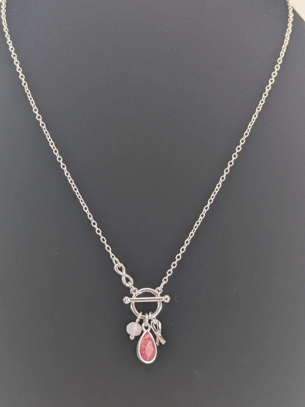 Silver Necklace with Pink Teardrop Charm